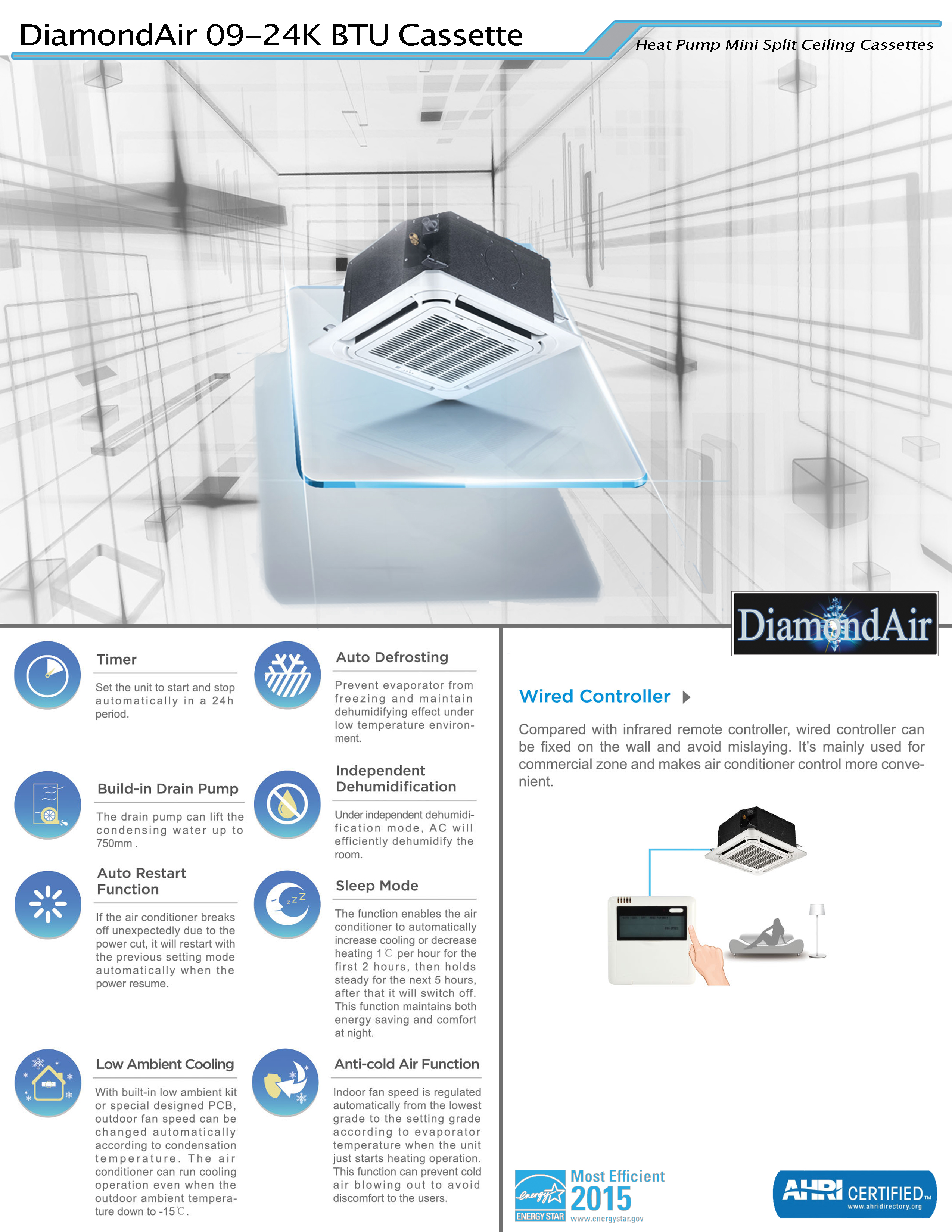 Mini Split Multi 2 Zone DiamondAir up to 21 SEER2 Heat Pump System DF18M2Z2 x 2 Wall Mount or Ceiling Cassette